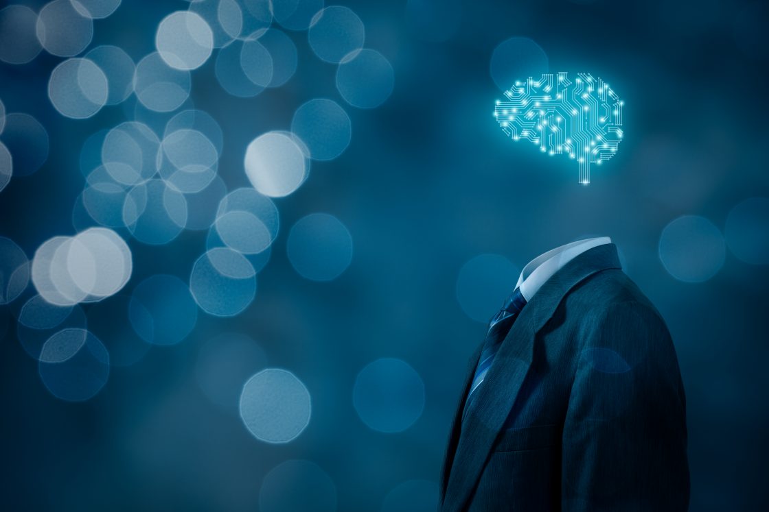 digital brain floating above business suit